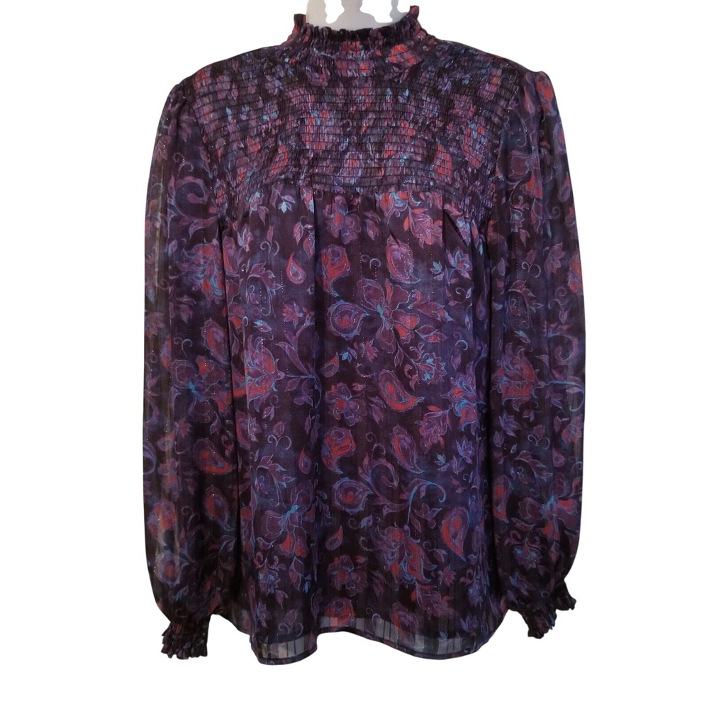 JOIE S Purple‎ Blue Floral Blouse Lightweight Top Mock High Neck Smocked Granny